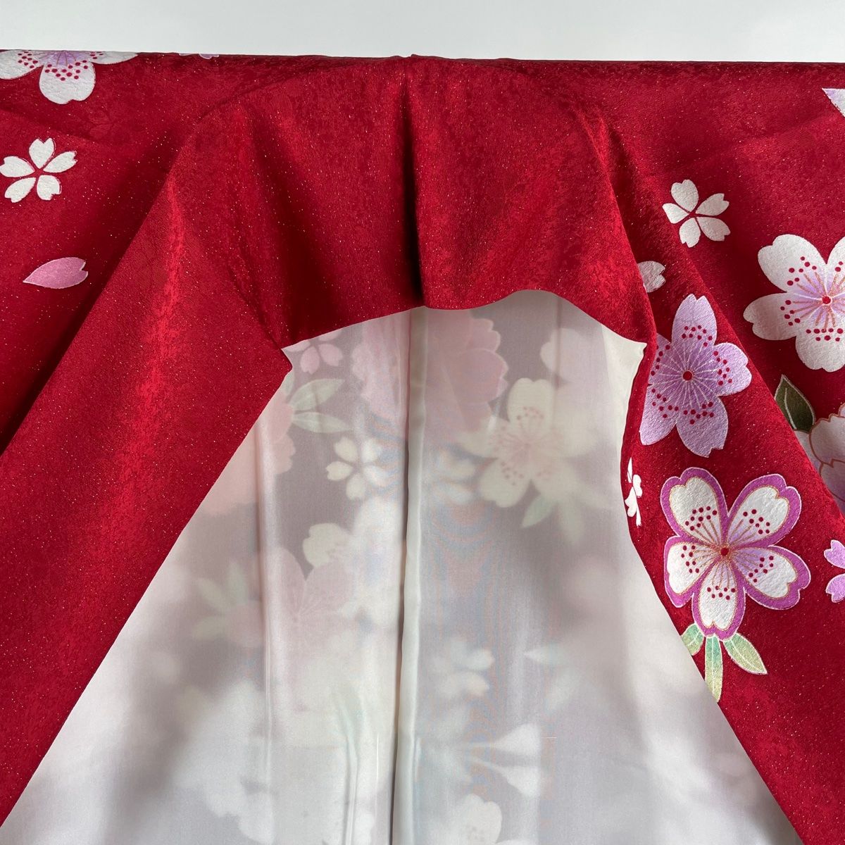 振袖 身丈168cm 裄丈67cm M 袷 桧扇 草花 金通し 箔 赤 正絹 美品 逸品  