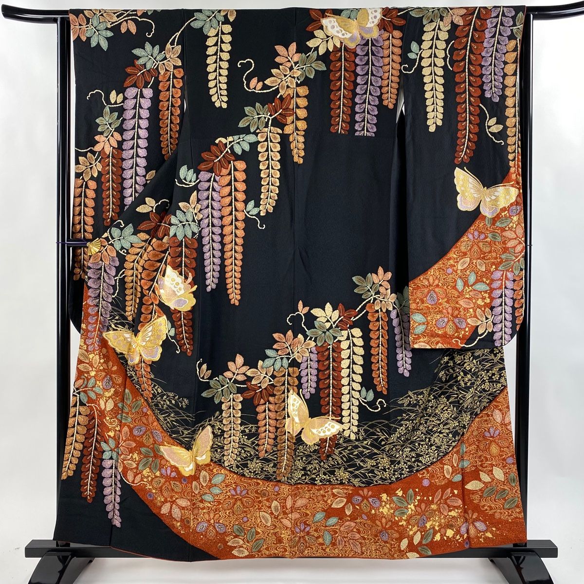 振袖 身丈158cm 裄丈63.5cm S 袷 藤 蝶 金糸 金彩 黒 正絹 名品