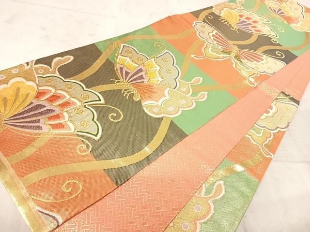 平和屋着物◎六通柄袋帯 立涌舞蝶文 金糸 正絹 逸品 AAAY8425yx