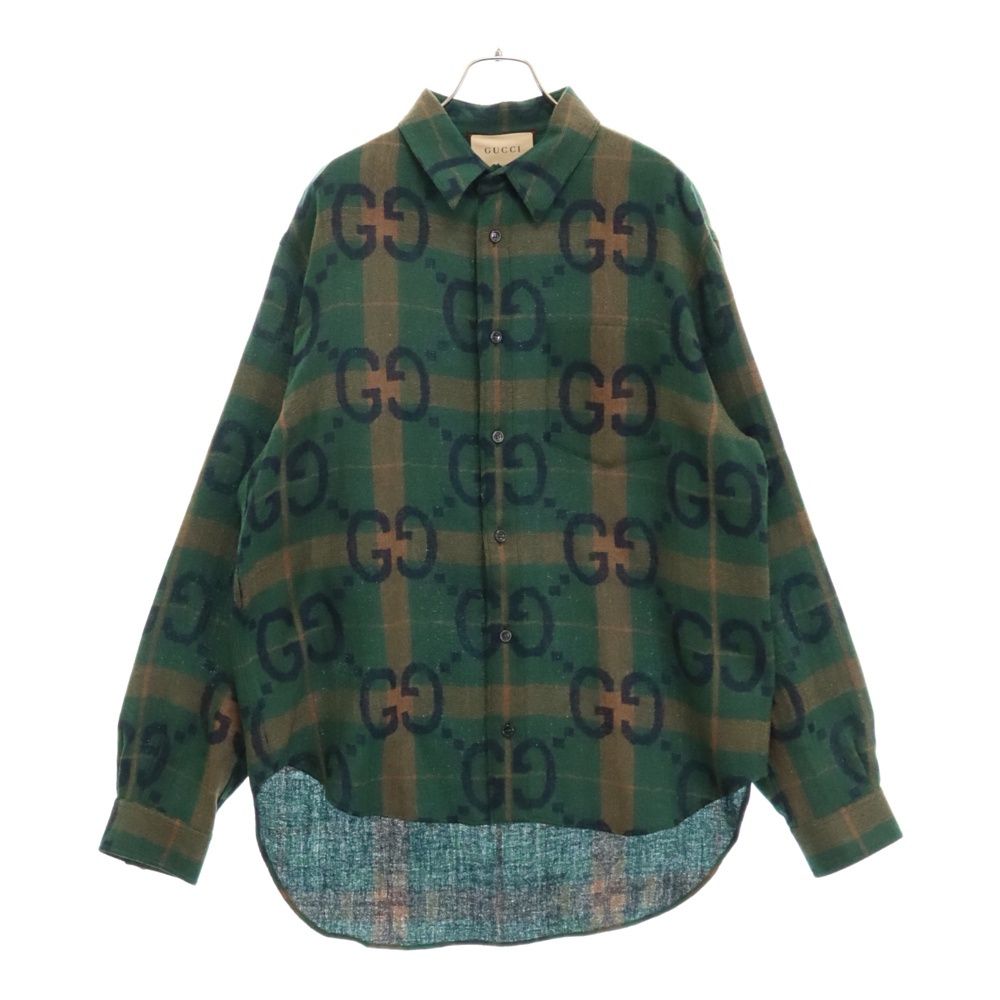 GUCCI (グッチ) 22AW ジャンボGG チェック総柄 ウール 長袖 シャツ グリーン 711543 ZAKZJ