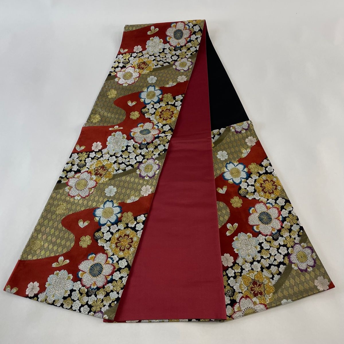 袋帯 美品 秀品 松竹梅 桜 ベージュ 六通 正絹 中古 袋帯 秀品 花