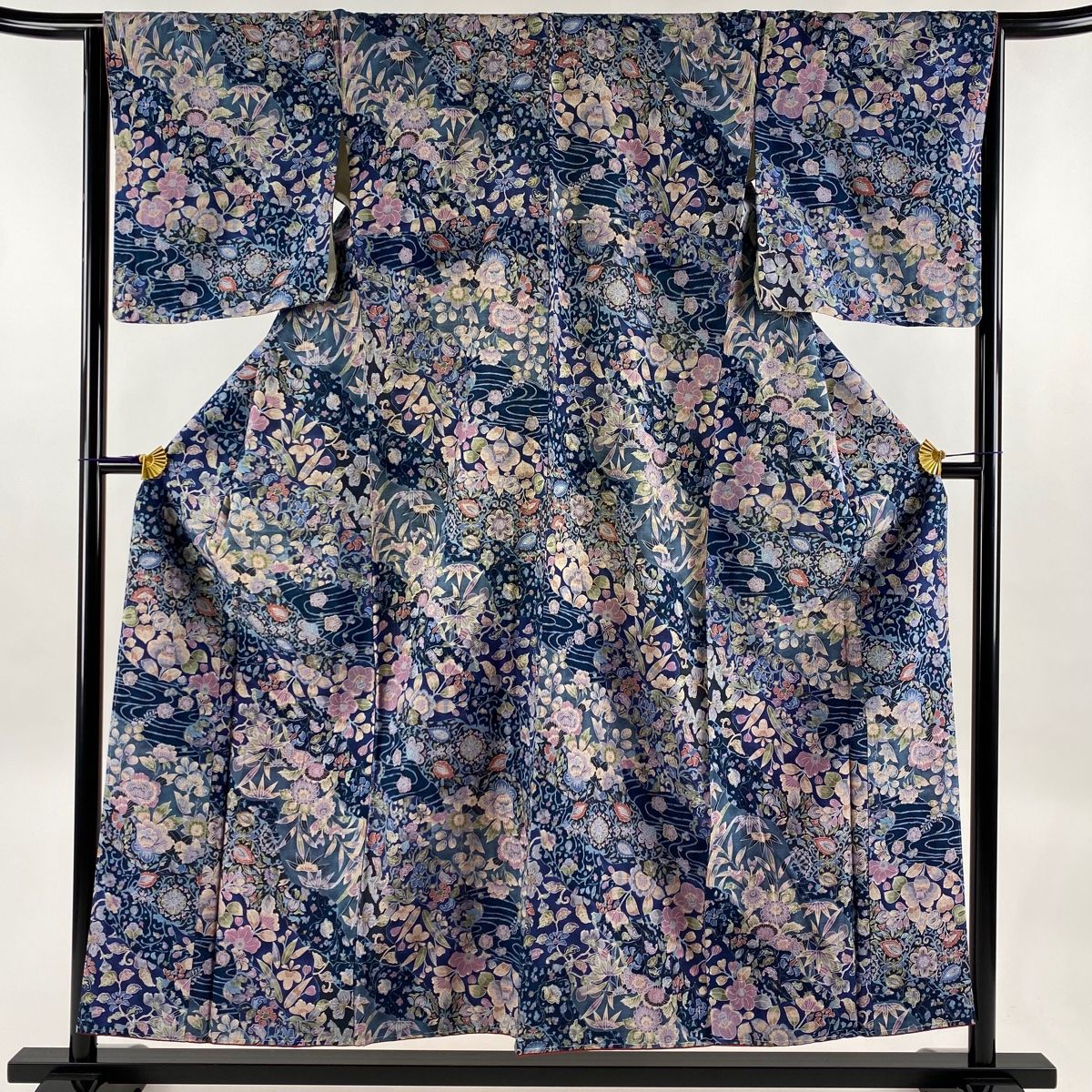 紬 身丈166.5cm 裄丈70cm L 袷 縦縞 紫 正絹 美品 逸品 中古（紬 身丈  