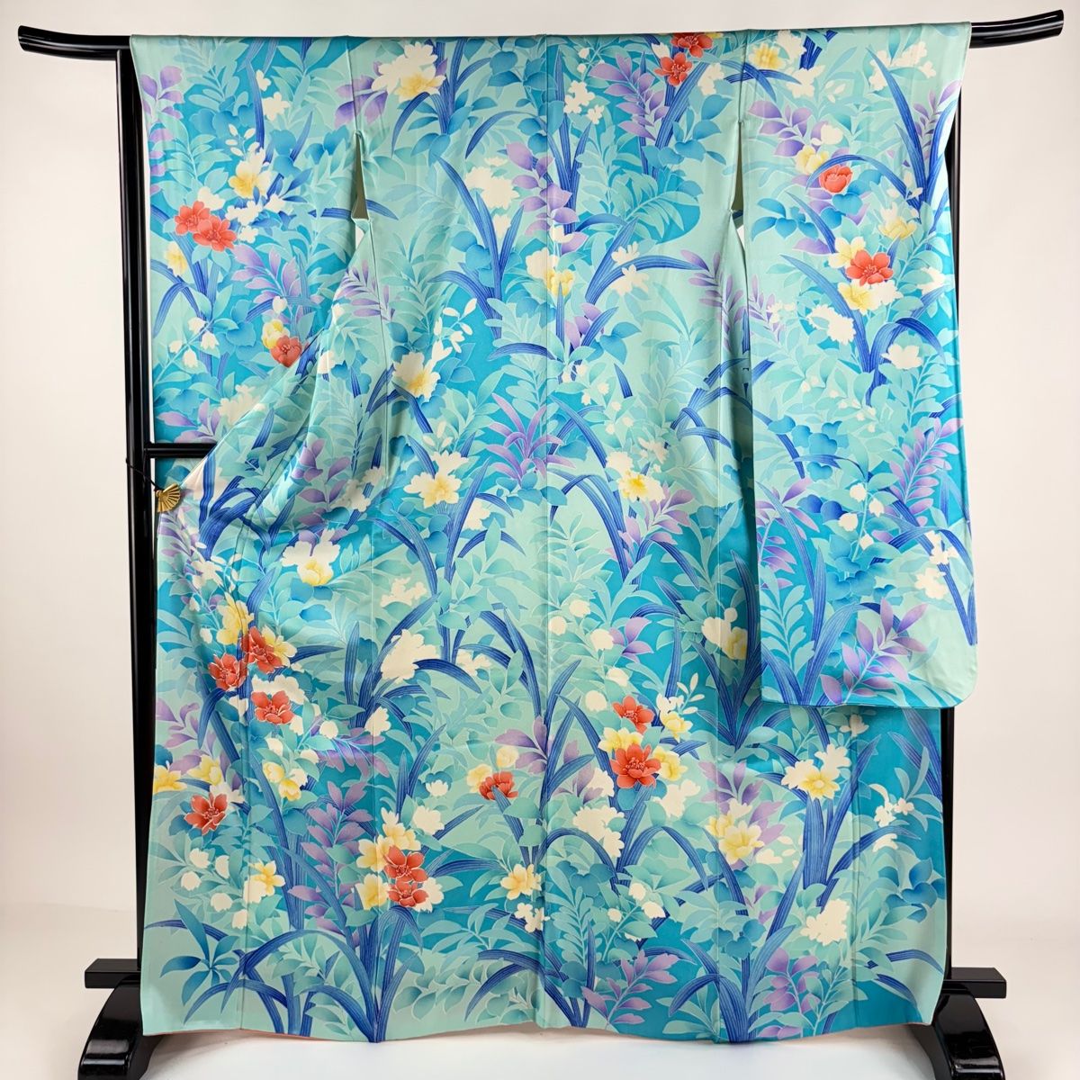 振袖 身丈168cm 裄丈65cm M 袷 草花 金糸 水色 正絹 優品 【中古