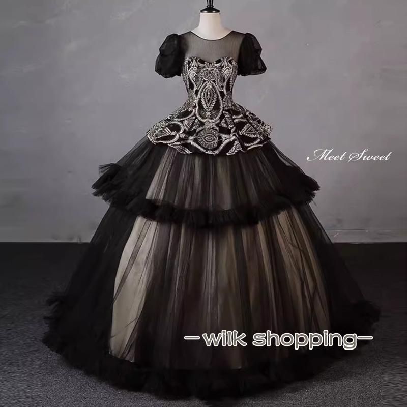 ドレス プリンセスライン ロングドレス ブラック 黒 半袖 ゴージャス ウェディングドレス 結婚式 二次会 花嫁 前撮り 演奏会 発表会 ステージ衣装