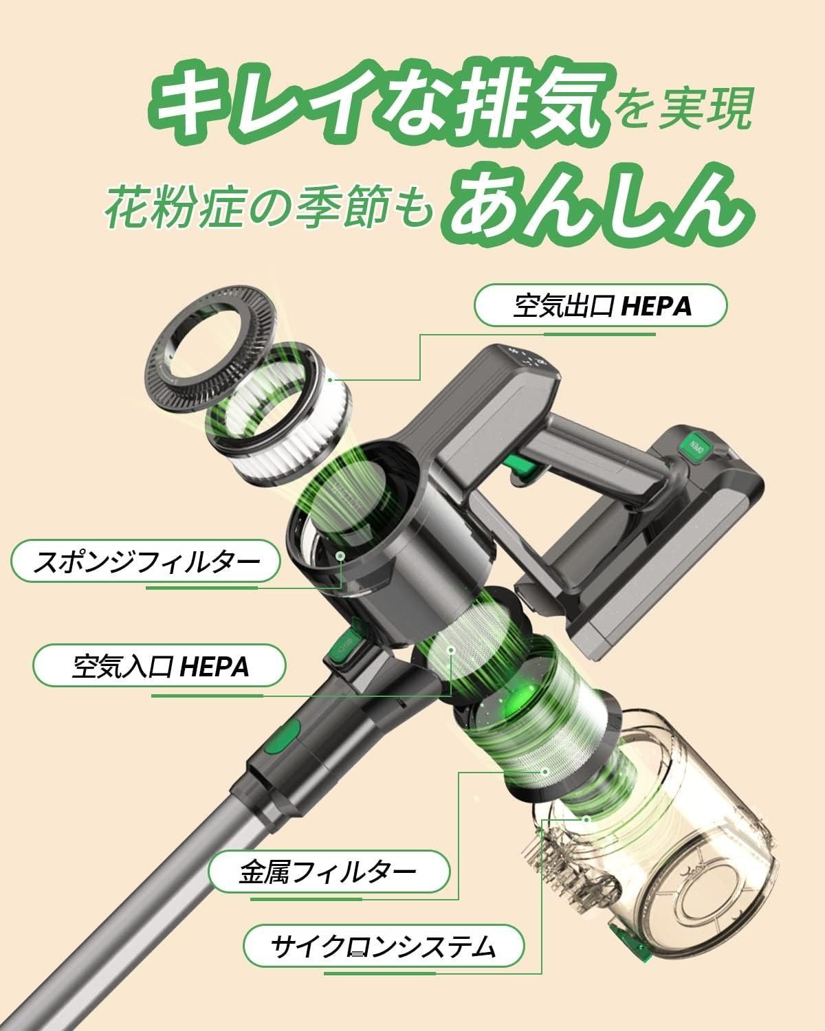 42KPa強力吸引&55分間連続稼働】掃除機 コードレス V9 遠心分離  