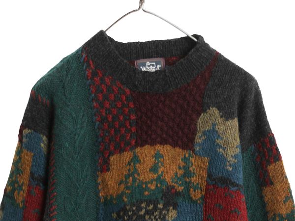80 s ウールリッチ デザイン ウール 二ット セーター レディース ヴィンテージ 旧タグ 絵柄 パネル ハンドメイド 手編み 総柄 クレイジー