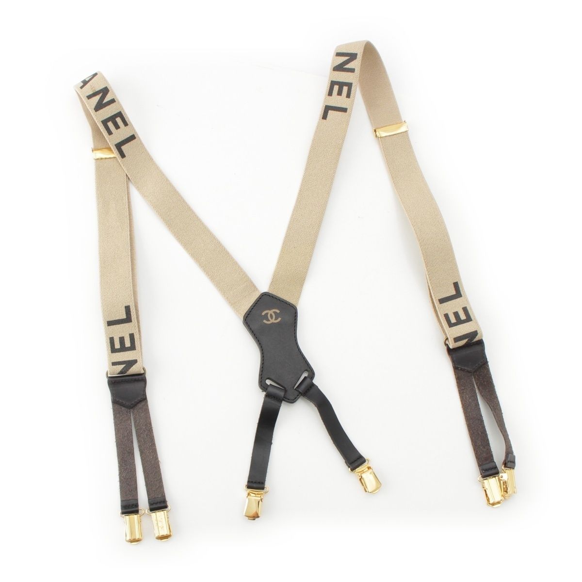 シャネル 1994 S S キャンバス レザー テープロゴ サスペンダー ベージュ ブラック