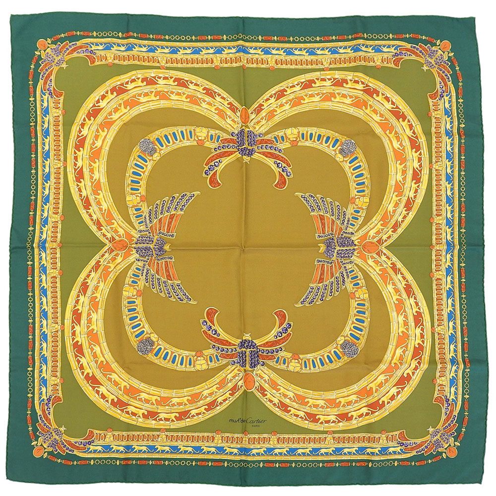 超 カルティエ CARTIER 90年代 ヴィンテージ マストドゥ カルティエ パンテール スカラベ ビジューシルク100％ スカーフ 超 ほぼ♥