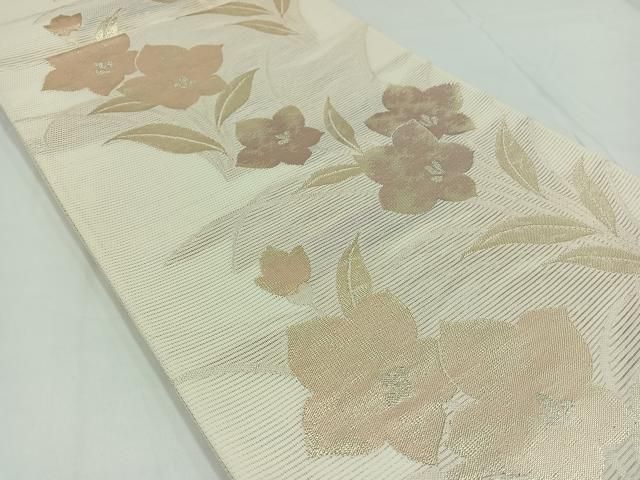 美品 袋帯 夏帯 夏 絽 アイボリー 葉文 観世水 金糸 銀糸長さ4ｍ29㎝正絹 美品 袋帯 夏帯 夏 絽 アイボリー 葉文 観世水 金糸 銀糸長さ