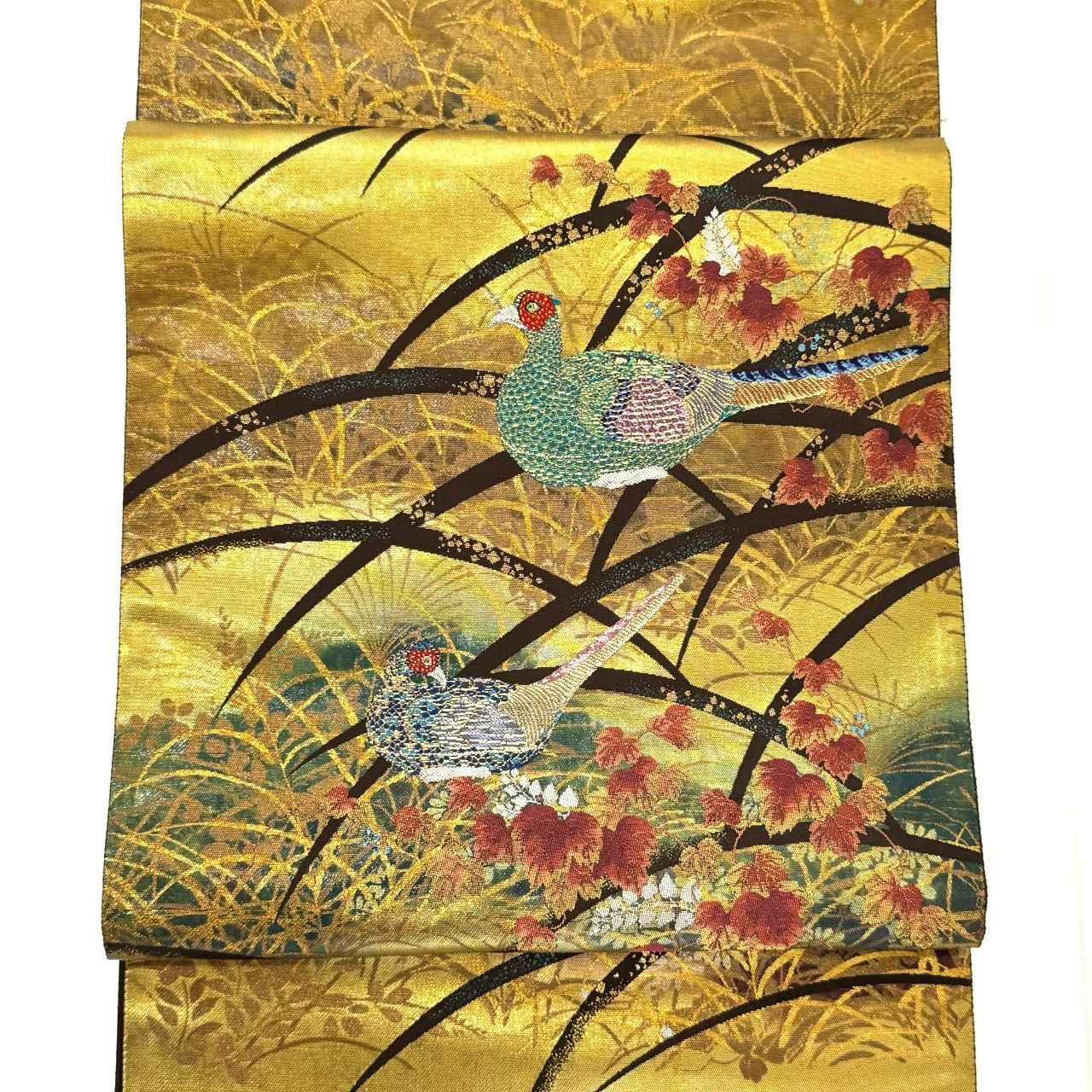 新品】高級袋帯 正絹 金糸 着物 訪問着 礼装用 刺繍 雉 キジ 花 金地 