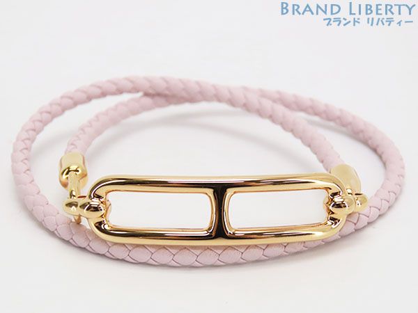 新古品 エルメス HERMES ルリ ドゥブルトゥール ダブルコイル 2連 ブレスレット シェーヌダンクル イントレチャート 編み込み モーヴパール ピンク ピンクゴールド ローズゴールド金具 H071727F