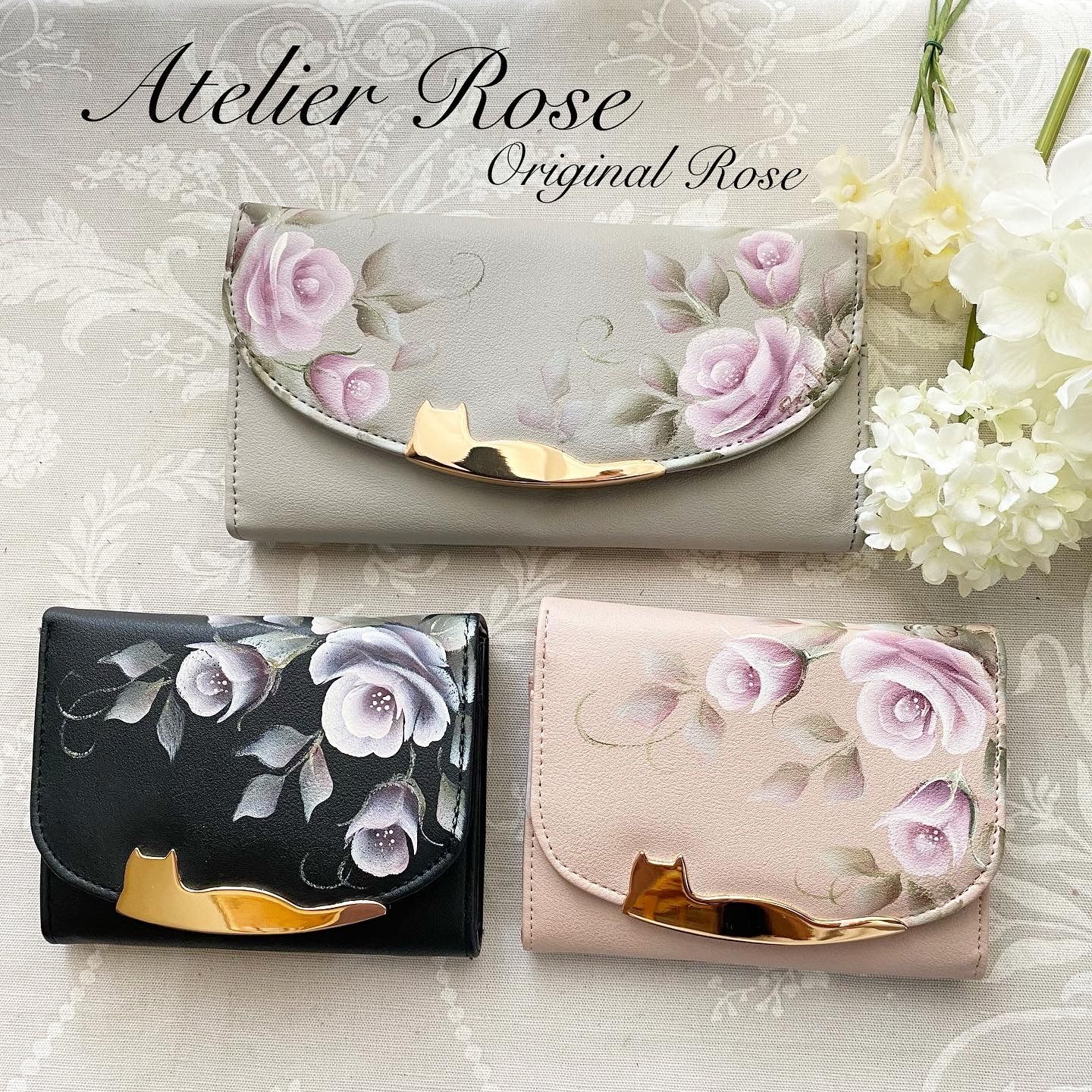 ♡手描きの薔薇 ネコのシルエットプレートのお財布 #春財布#ネコ