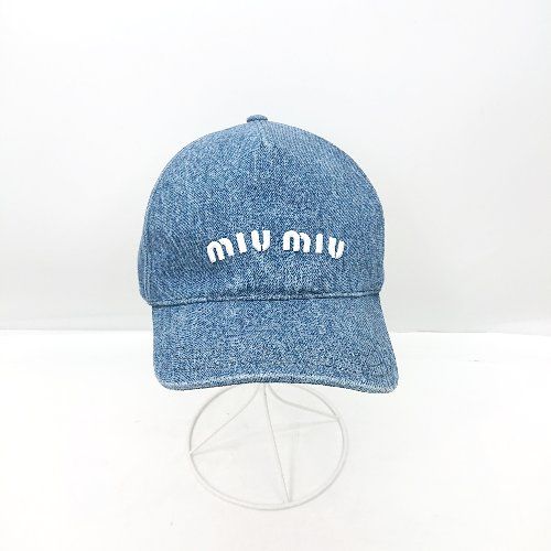 Θ MIU MIU ミュウミュウ ブランドロゴ刺 !-利用不可文字-! デニム生地 キャップ ブルー ホワイト系 サイズM レディース E 1501230049399