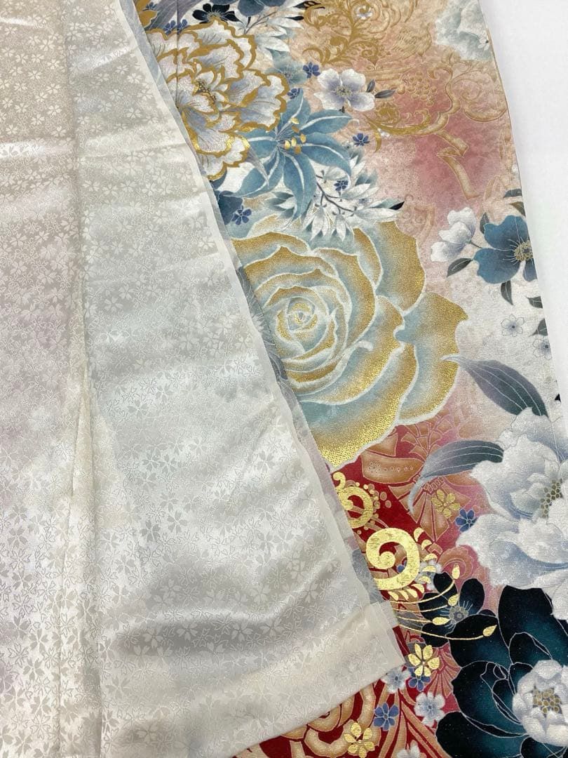 振袖 仮絵羽 銀通し 刺繍 金彩 紋意匠 牡丹 薔薇 正絹 未仕立て品 八掛