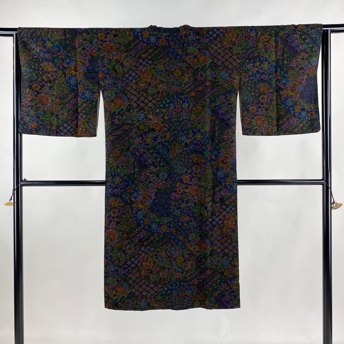 道行 身丈118cm 裄丈64cm M 和装コート 角衿 草花 深緑 正絹