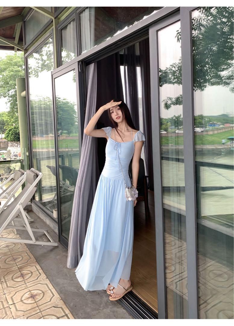 春のスクエアネックスカートモテ服ロングワンピ上品セクシー高見えアイテム