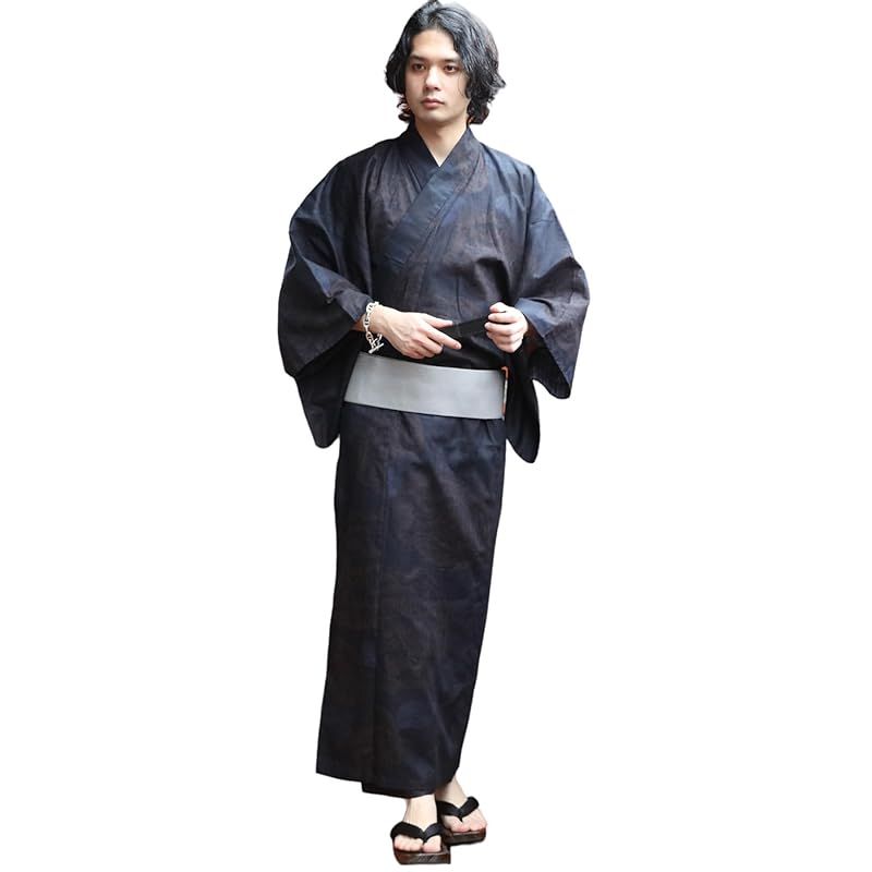 8 eight エイト 和柄 総柄 浴衣 3点セット メンズ 浴衣 帯 下駄 コットン 牡丹 大 ネイビーM
