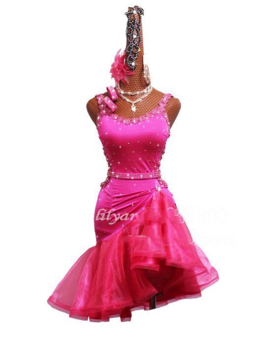 社交ダンス衣装　ラテンワンピースドレス　豪華 羽毛フリル　ローズ オーダーメイド 社交ダンス衣装 ラテンワンピースドレス 豪華 羽毛フリル ローズ