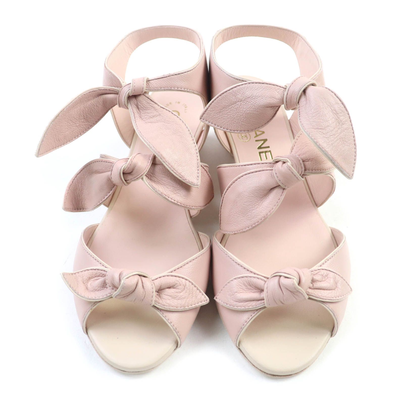 CHANEL シャネル G35297 ココマーク金具付 リボンデザイン アンクルストラップ レザー サンダル ピンク 35.5 箱 保存袋付き イタリア製 レディース KIN-KAAI_COM