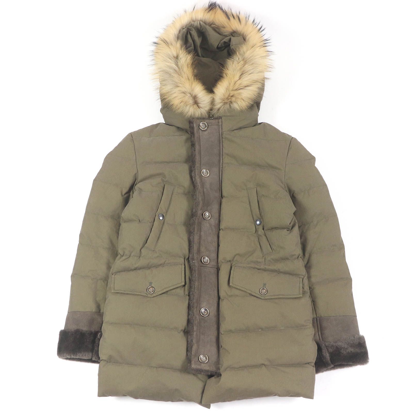 美品□EMMETI エンメティ ムートン ラムレザーパイピング ラクーンファーフーデッド ダウンジャケット カーキ 44 イタリア製 正規品 美品□EMMETI エンメティ ムートン ラムレザーパイピング ラクーン