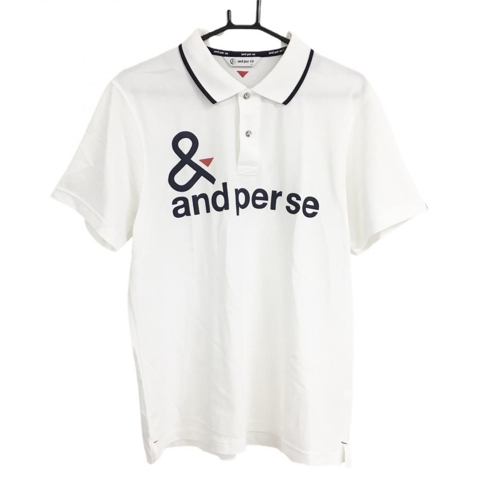 【超美品】アンパスィ 半袖ポロシャツ 白×ネイビー ビッグプリント  メンズ LL ゴルフウェア and per se