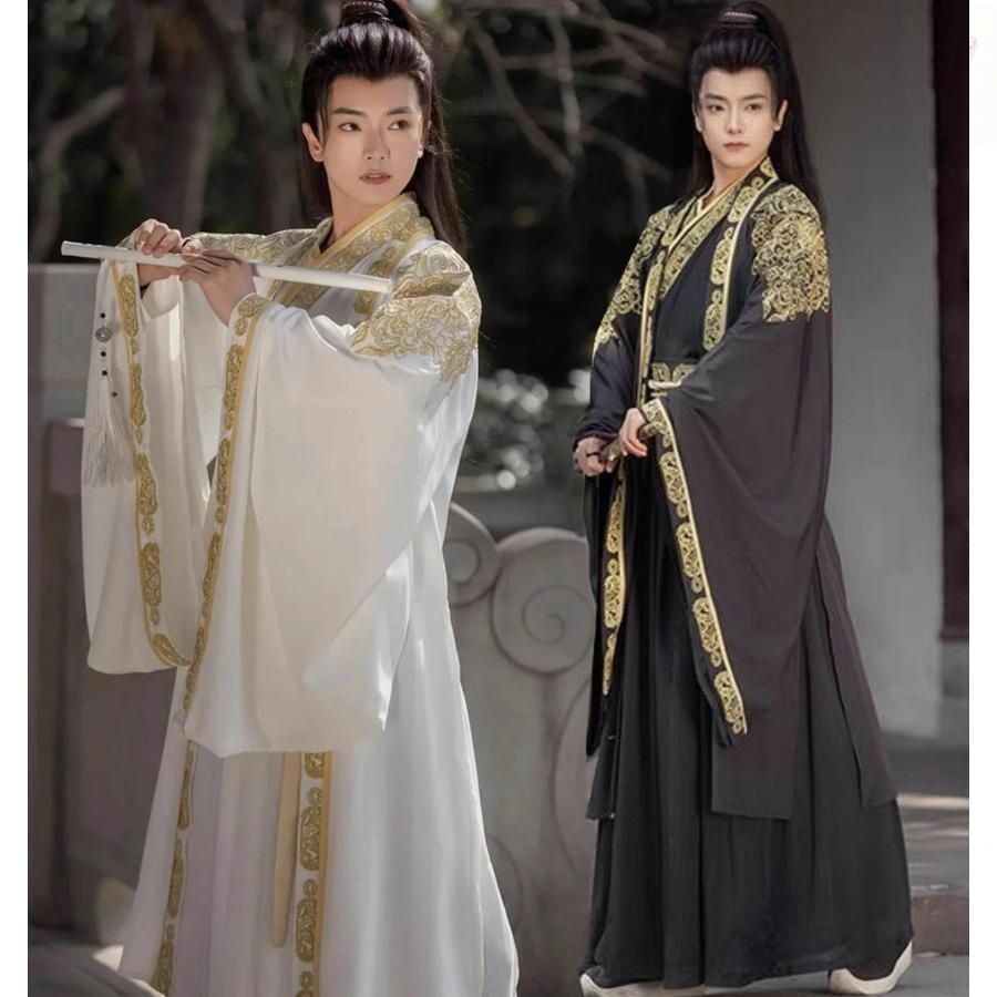 メンズ チャイナ服3点セット 中華コスプレ衣装 振袖の羽織付き 華やか 中華服 大人 華流 ハロウィン 衣装 黒 白 エスニック 金色の刺繍 縁