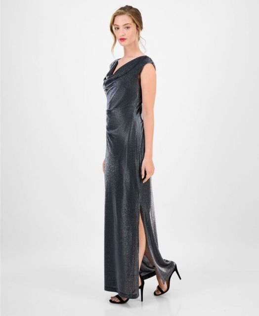 コネクテッド レディース ワンピース トップス Women s Knit Draped-Neck Metallic Gown SILVER