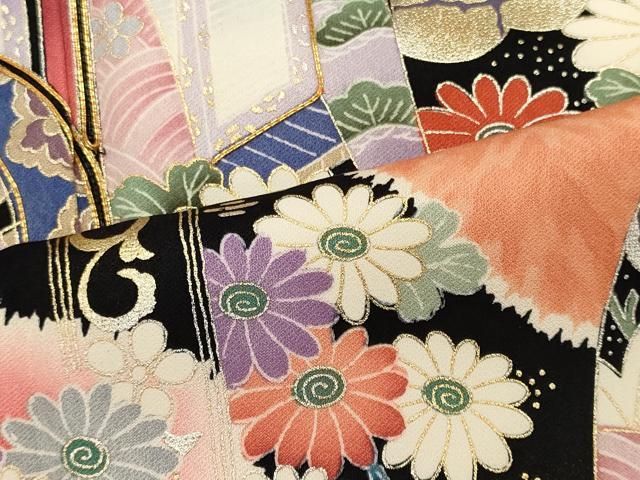 平和屋着物□豪華振袖 駒刺繍 地紙重ね御所車花文 暈し染め 金銀彩  