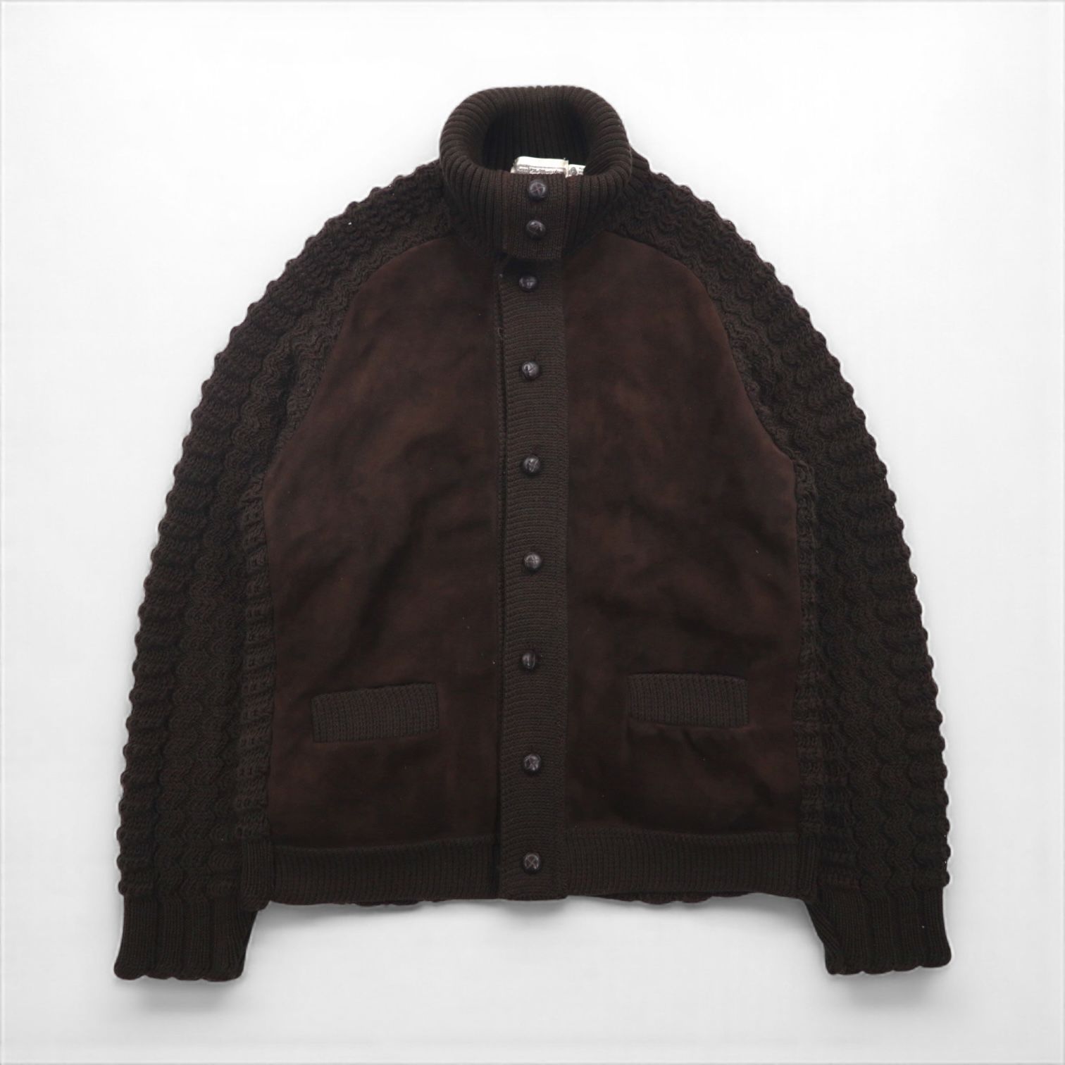 Sears カナダ製 ニット カーディガン レザー切り替え M ブラウン ウール The Men’s Store くるみボタン