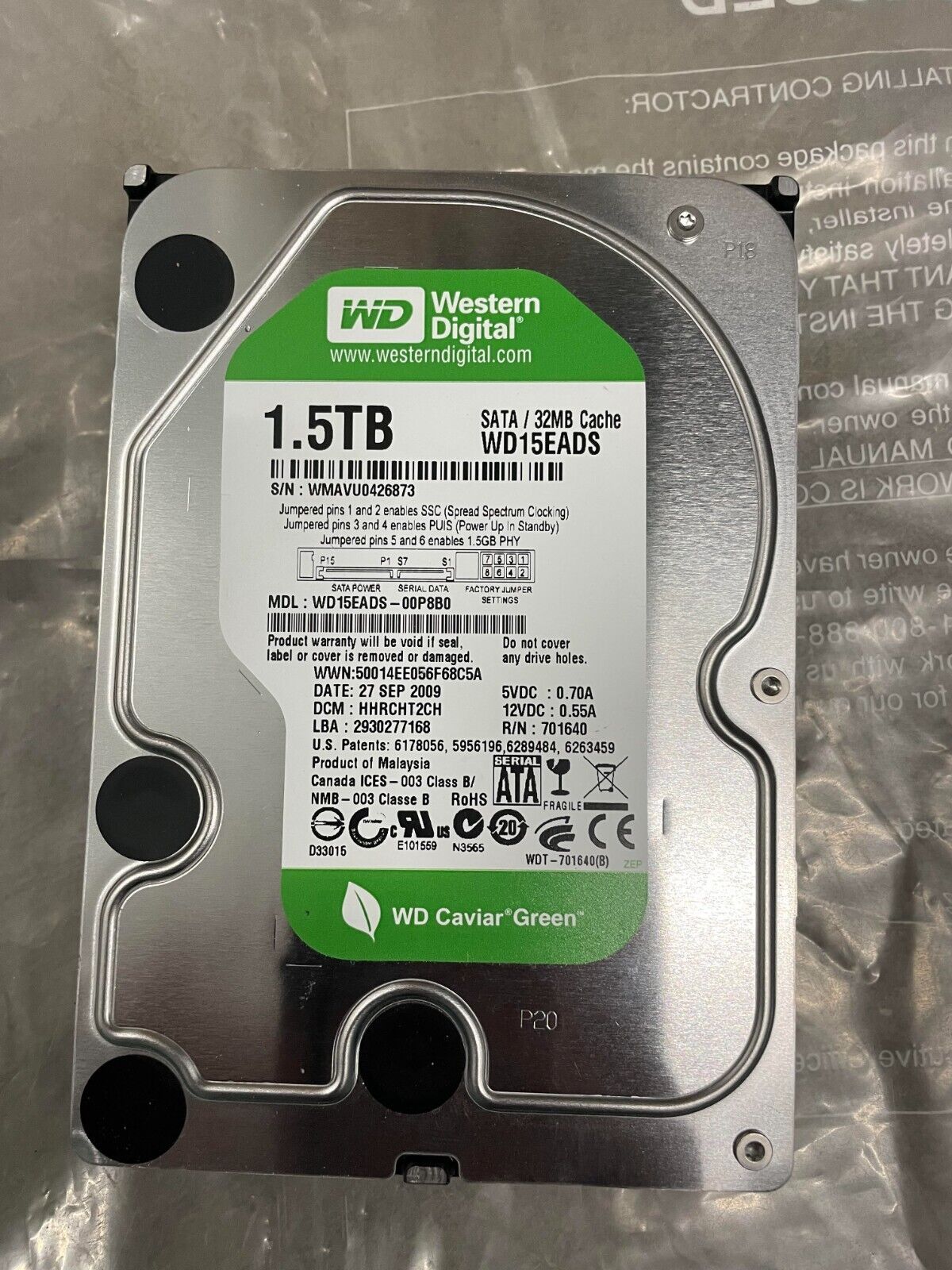 Western Digital AV-GP WD15EADS 1.5TB 7200RPM 3Gbps 3.5 SATA HDD ハードドライブ