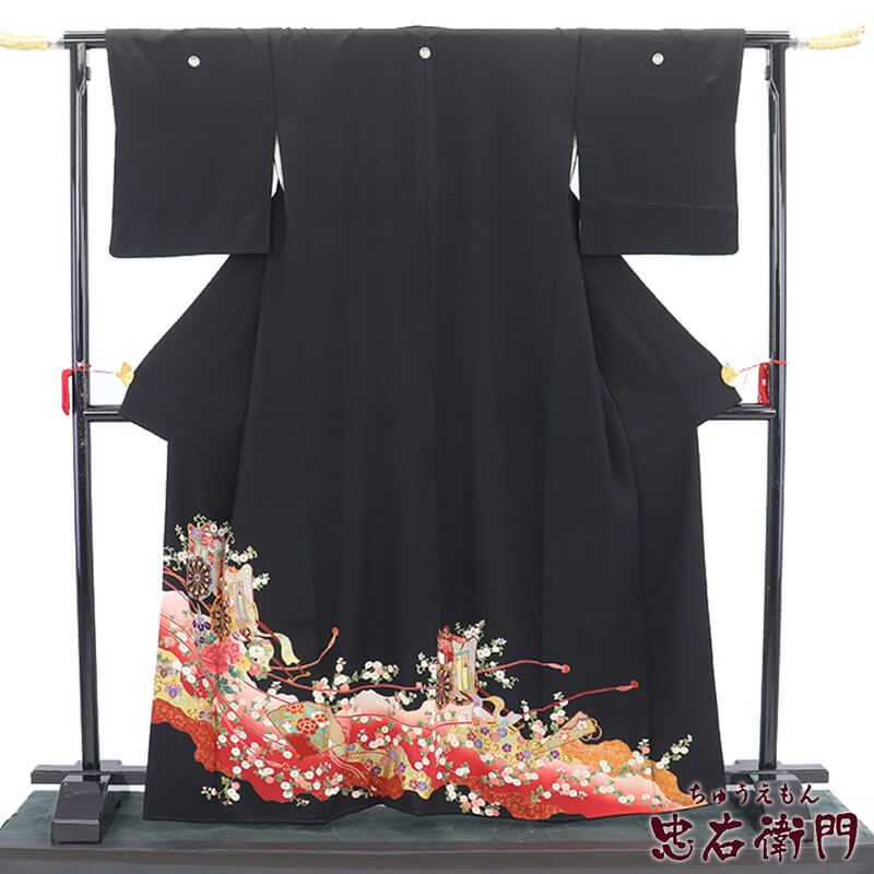 黒留袖 販売 単品 礼装 着物 和装 フォーマル 正絹 黒 丸に五三の桐 道長取り 御所車 身丈167cm 裄丈66cm 結婚式 母親 Ｍ~Ｌサイズ相当 リサイクル着物 リユース着物 着物 送料無料 即日発送