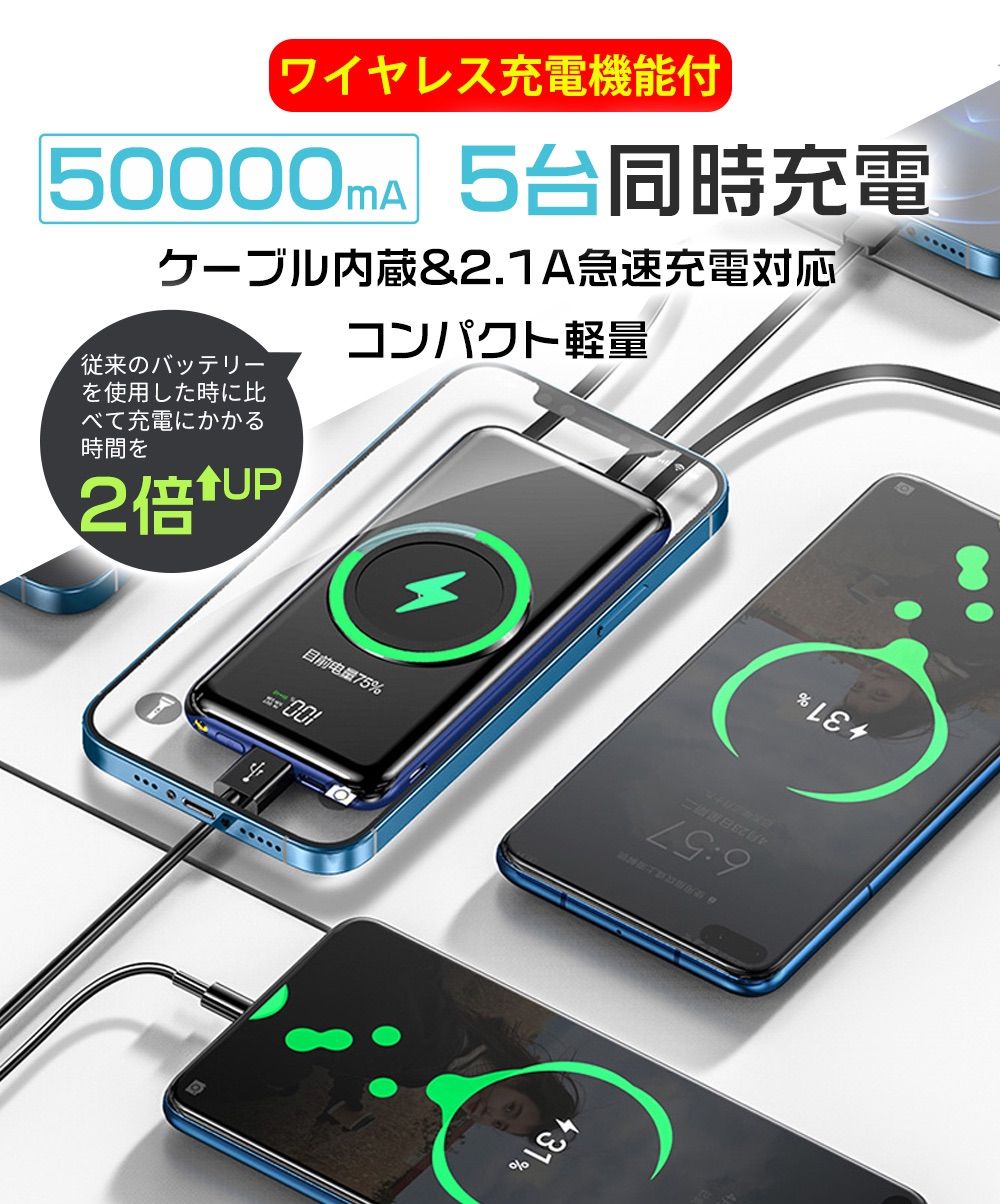 モバイルバッテリー ワイヤレス充電器  50000mAh 大容量急速充電 5台同時充電　PSE認証済