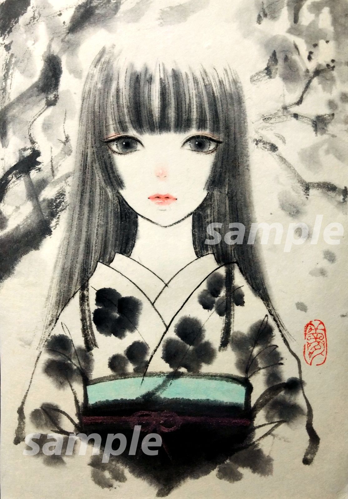 ポストカード 水墨画 肉筆原画 墨絵 眼鏡 男の子 ポストカード | 荒井