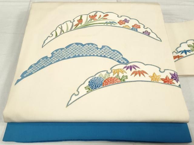 平和屋着物○塩瀬 九寸名古屋帯 手描き 草花文 薄卵色 金銀彩