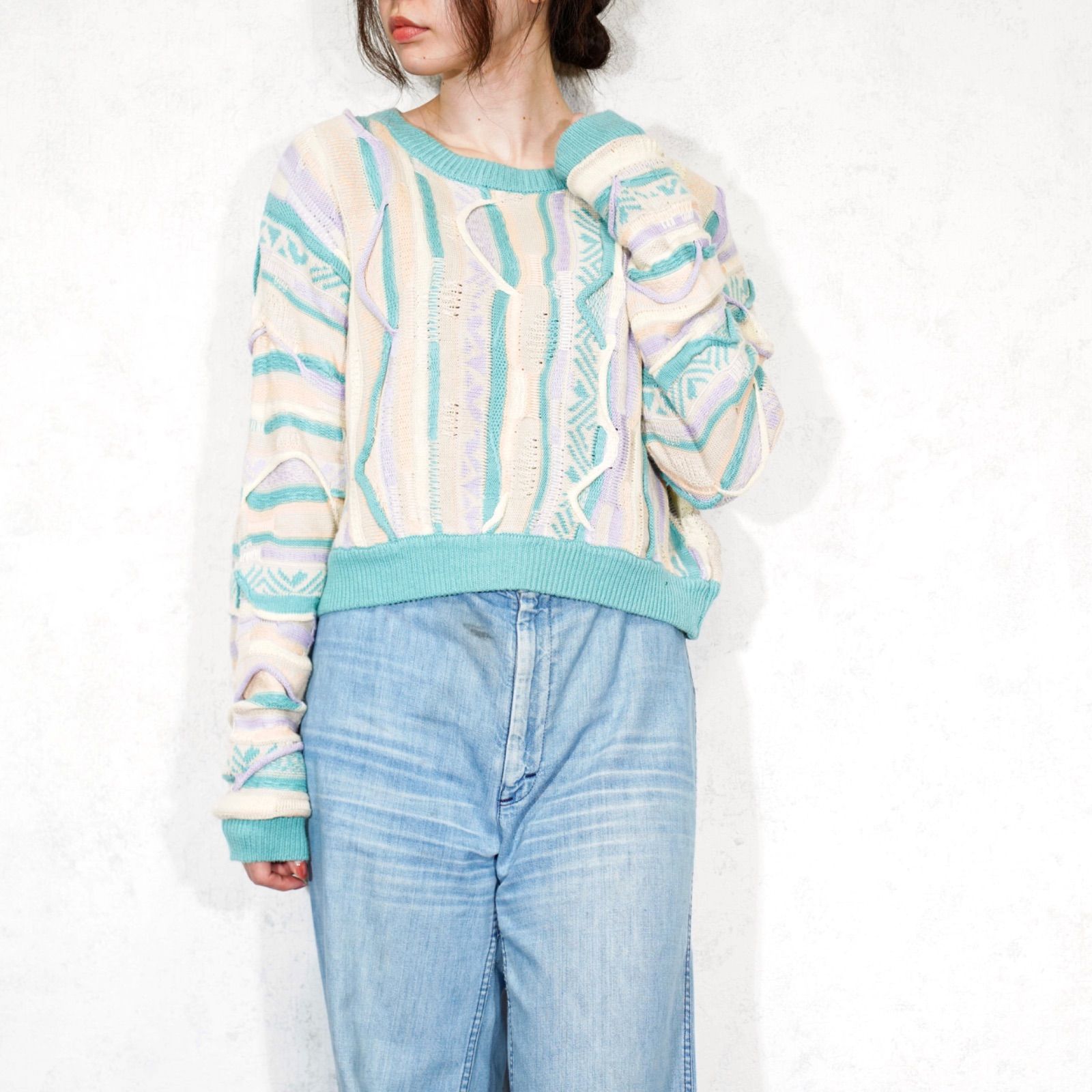 USA VINTAGE SHORT LENGTH COTTON 3D KNIT|アメリカ古着ショート丈コットンニット