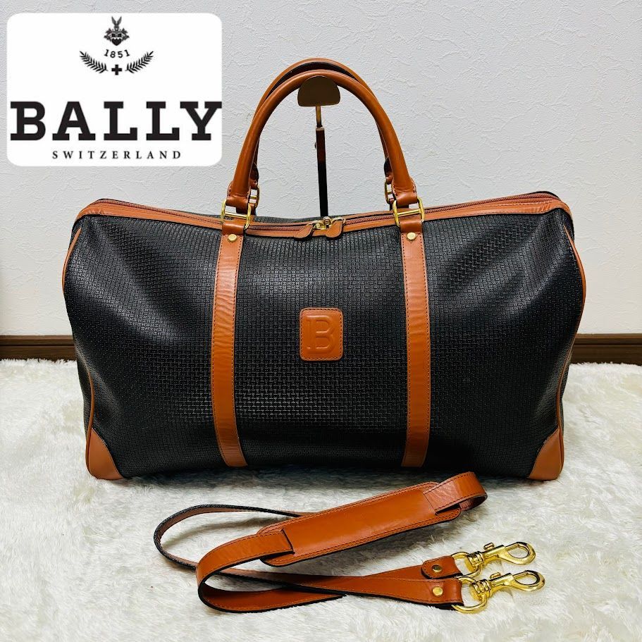 BALLY バリー ボストンバッグ 旅行カバン トラベルバッグ エンボス加工 型押し Bロゴ バイカラー PVC 2way レザー ブラック 黒  ブラウン 茶 ゴールド金具 - メルカリ