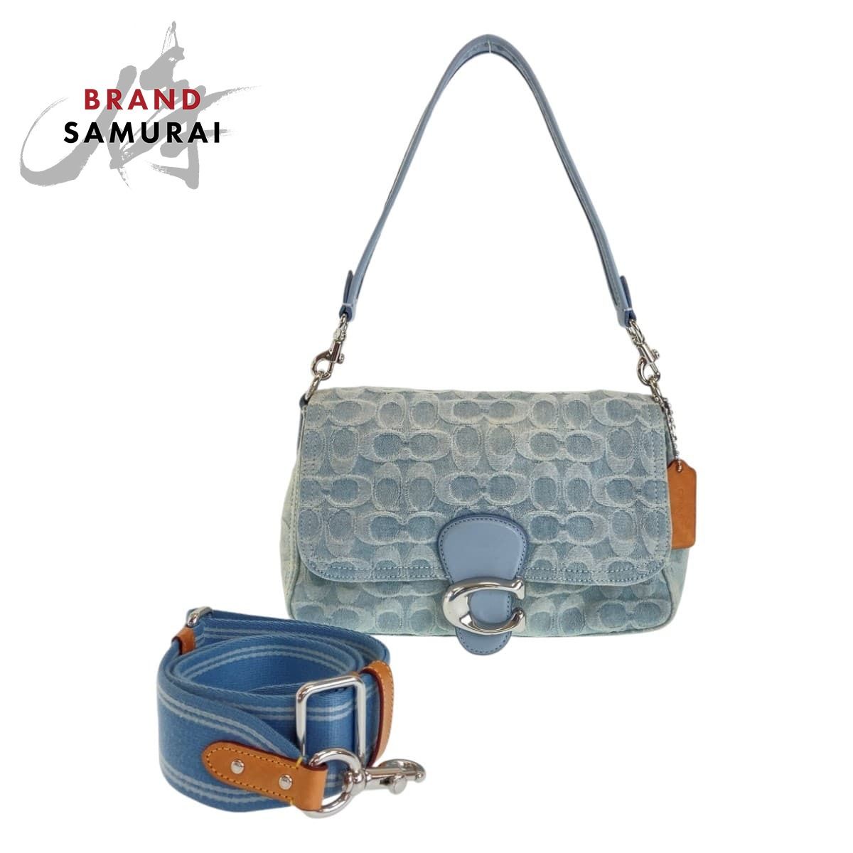 美品 COACH コーチ シグネチャー スカイブルー シルバー金具 デニム 