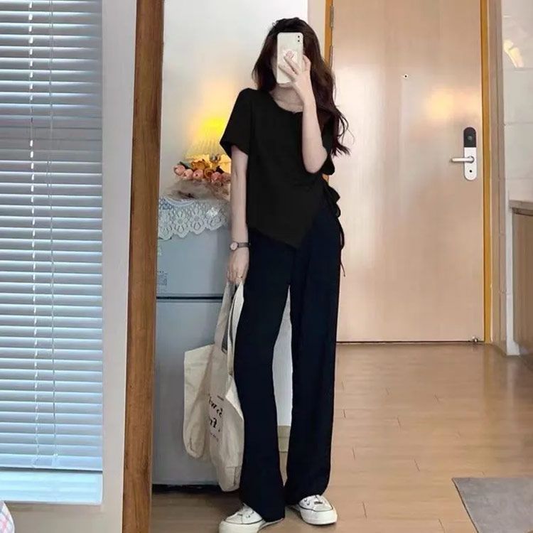 セットアップ Vネックトップス+ワイドパンツ 韓国系 t943 セットアップ レディース 春 半袖Tシャツワイドパンツ 上下
