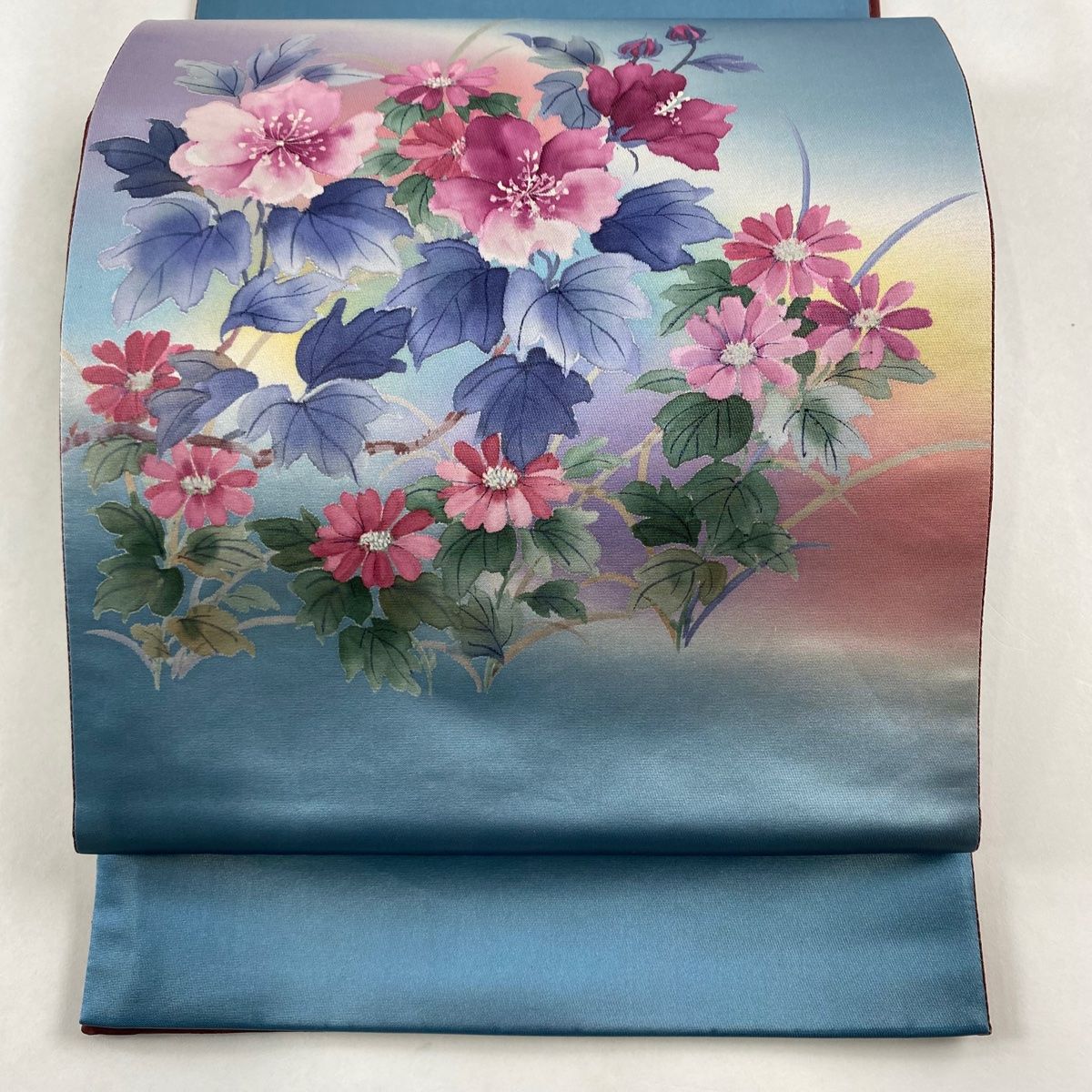 袋帯 秀品 二代目清次郎 落款 菊 枝花 箔 水色 お太鼓柄 正絹