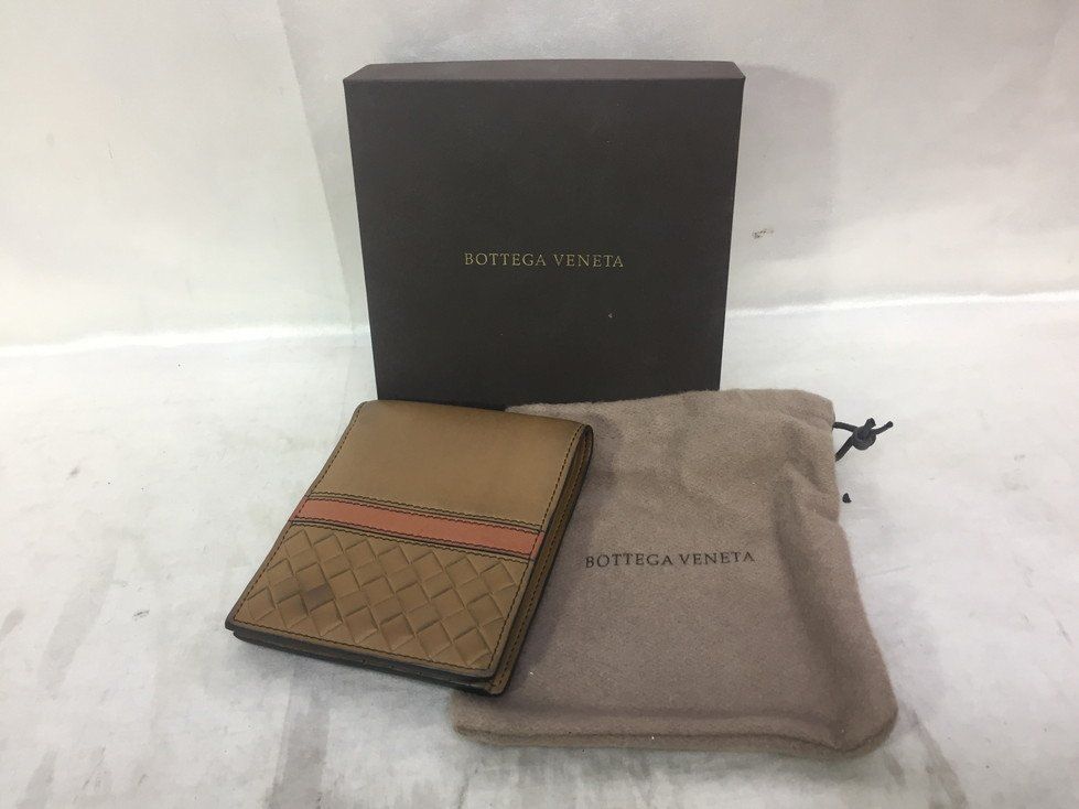 BOTTEGA VENETA ボッテガヴェネタ マットカーフレザー イントレチャート 二つ折り財布 箱 保存袋付き ブラウン系 メンズ