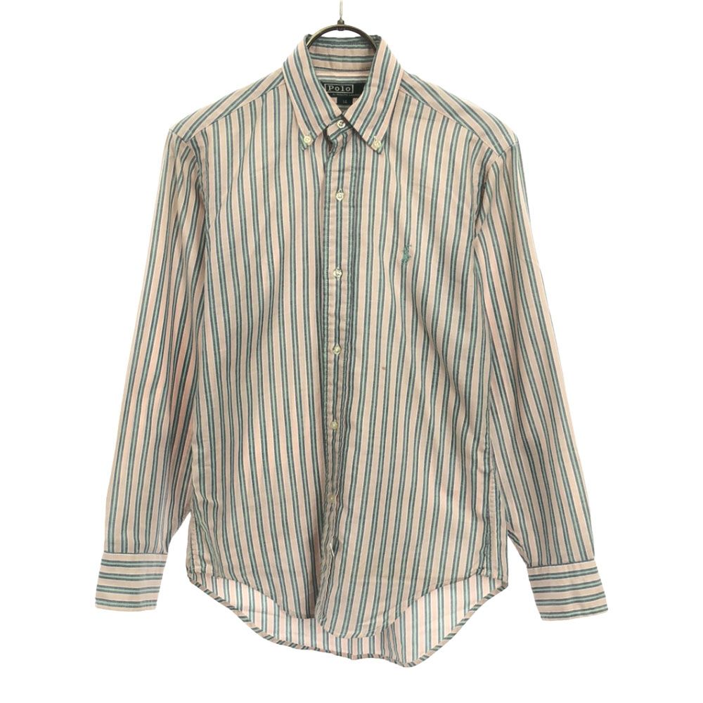 ポロバイラルフローレン 80s ヴィンテージ 緑タグ ボーイズ ストライプ 長袖 ボタンダウンシャツ 14 ピンク系×グリーン系 Polo by Ralph Lauren 刺繍 キッズ