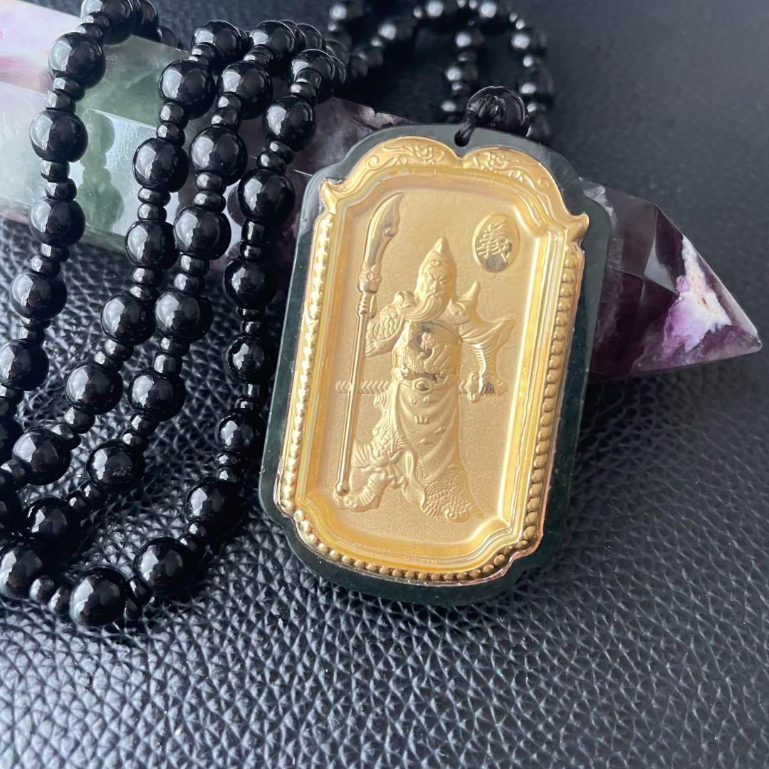 中国名玉.新疆産墨綠色和田碧玉×足金飾り 義薄雲天関公武財神ペンダント鑑定書付き
