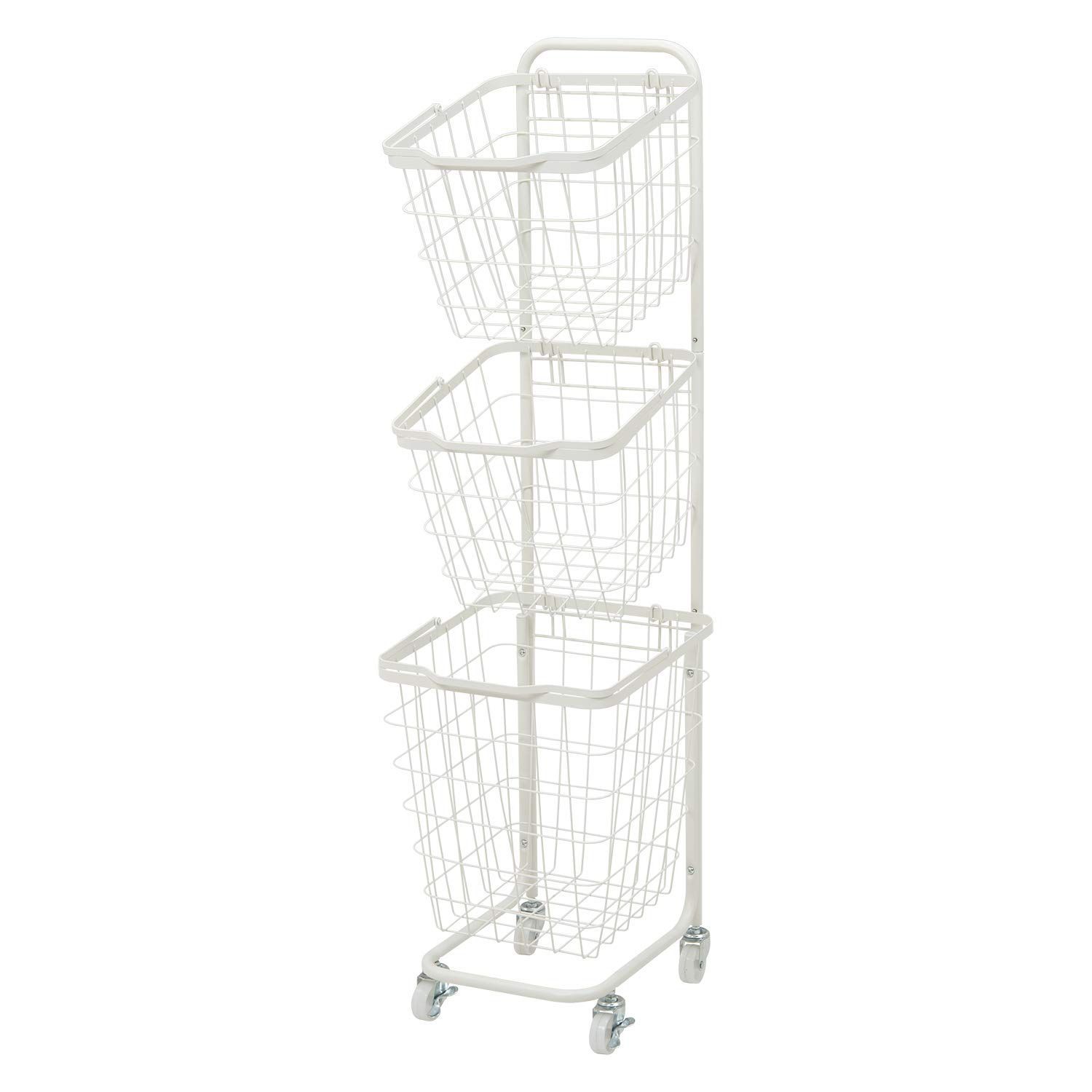 Color ホワイト 萩原 Hagihara ランドリーラック バスケット 脱衣 洗濯物 かご 3段 取り外し 積み重ねOK 大容量 ランドリーワゴン ワイヤー キャスター付 ホワイト KR-3971WH
