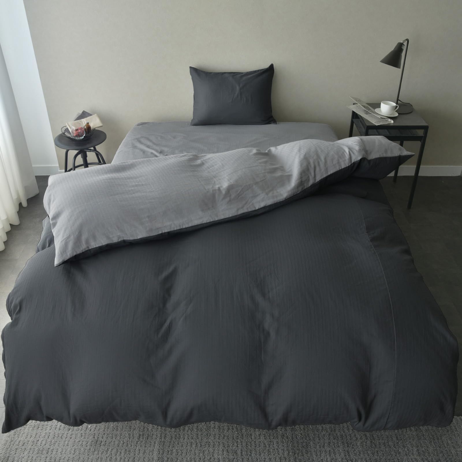 和晒し ダブルガーゼ セミダブル 布団カバーセット 3点セット 日本製 ガーゼ 綿100％ アトピー協会推薦 エコテックス 北欧 おしゃれ ふわふわ 掛け布団カバー ボックスシーツ 枕カバー セット ベッド用 セミダブル ベッド用 チャコールグレー×