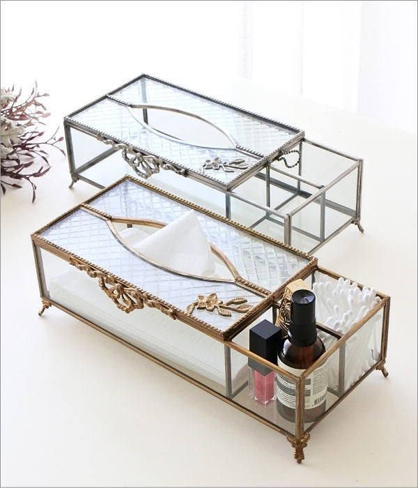 ティッシュケース 小物入れ 収納付き ガラス 真鍮 おしゃれ クリア 透明 ふた付き 脚付 ゴールド シルバー 真鍮とガラスの小物入れ付きティッシュケース 2