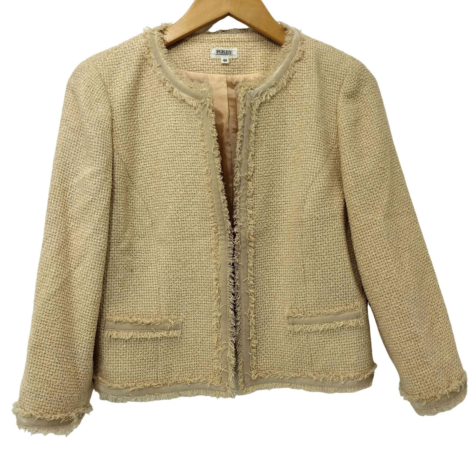 FOXEY ノーカラーツイードジャケット 40 フォクシー FOXEY ツイード ノーカラー ジャケット ピンク