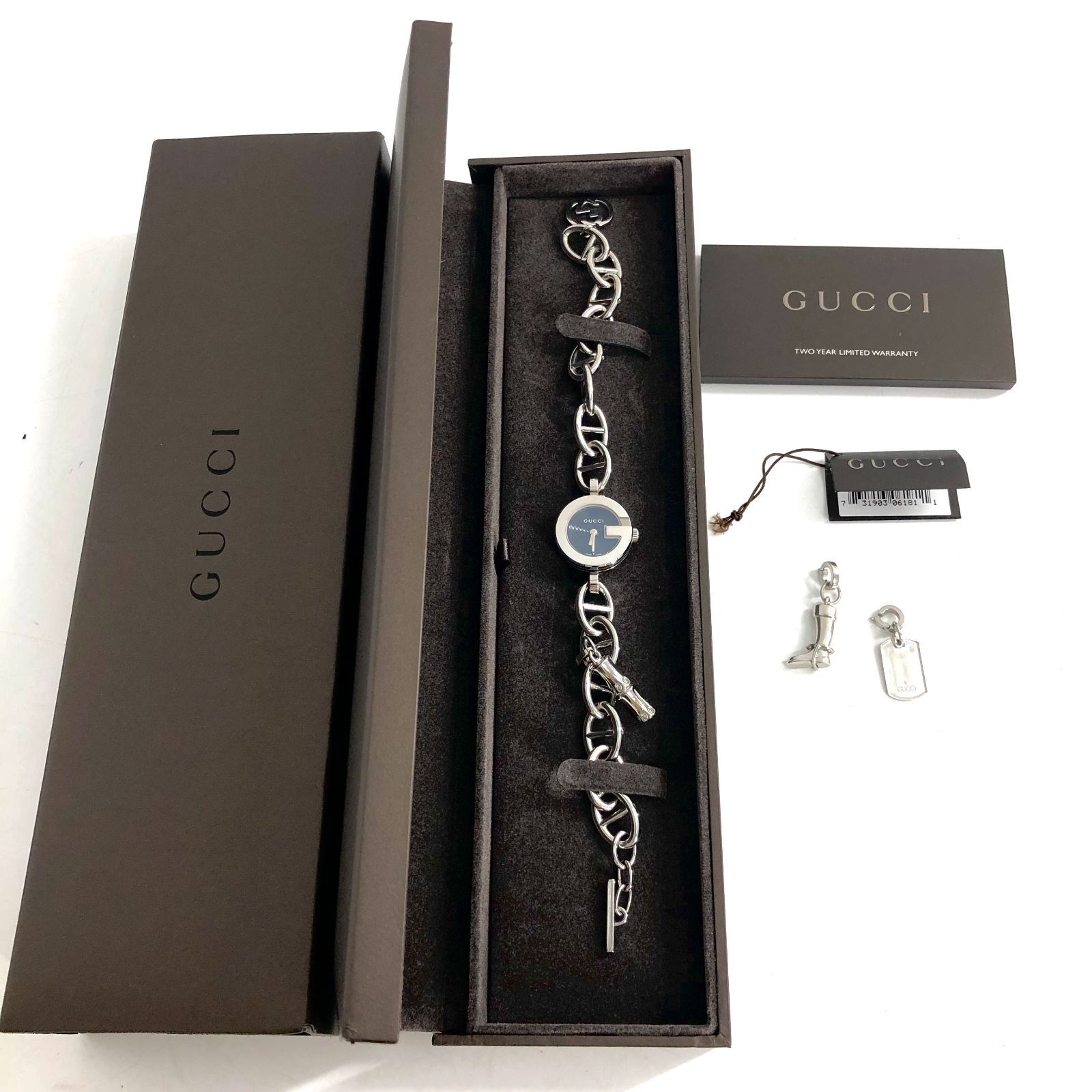 GUCCI グッチ 107 Gチャーム ブレスレット SS/QZ ブラック文字盤