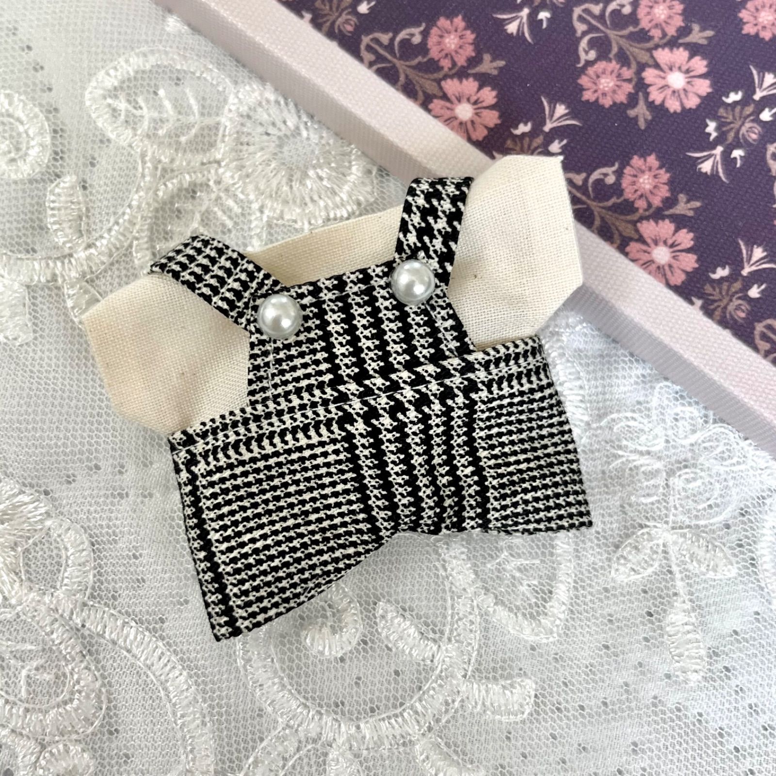 ✩︎ちびぐるみ用 ぬい服 千鳥格子柄サロペットセット