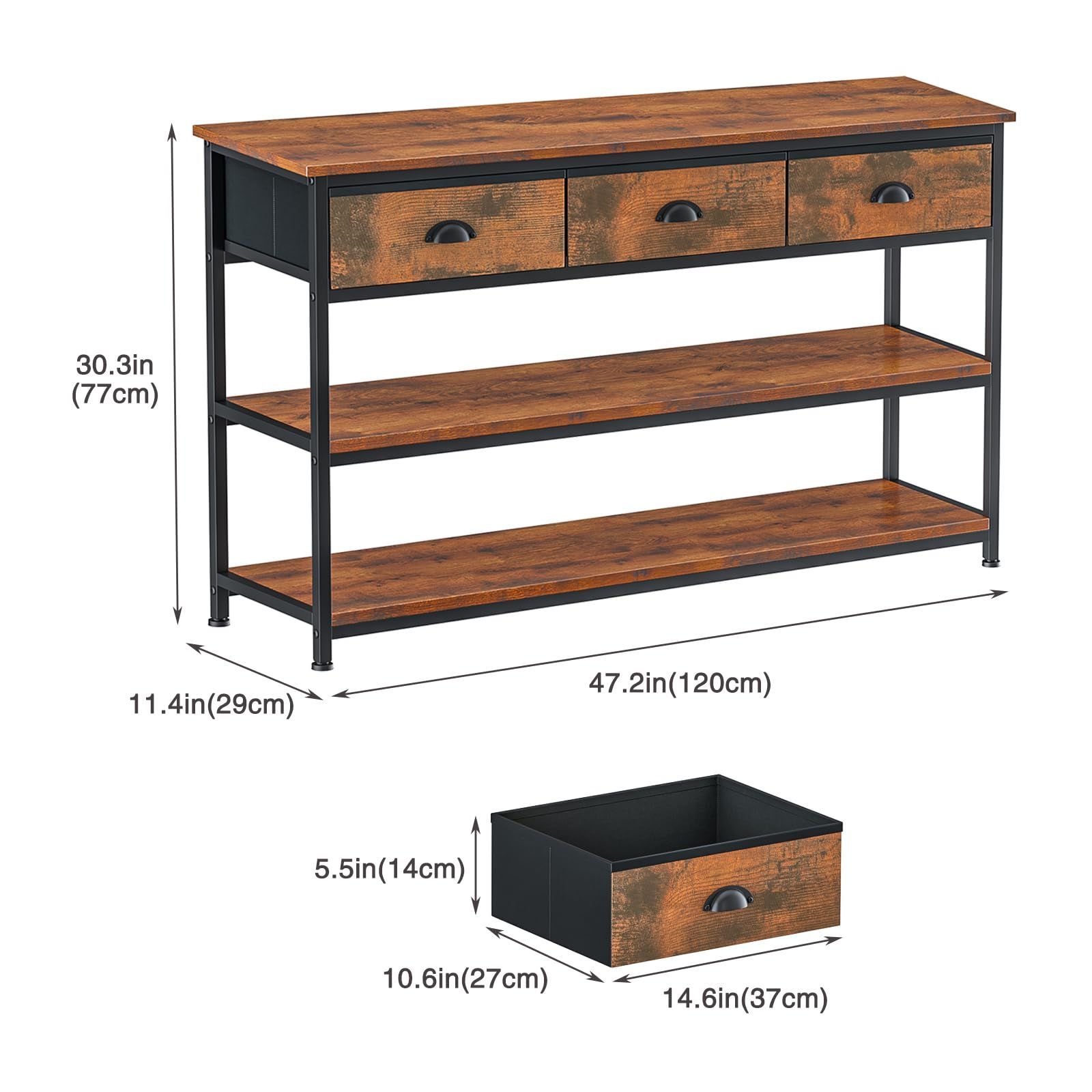 30日間返品交換可能！ 大 tv台 コンソールテーブル 3つの引き出し付き テレビ台 幅120cm×奥行29cm×高さ77cm ヴィンテージブラウン ローボード 収納 テレビボード チェスト 収納棚付き ブラウン 全国送料無料！