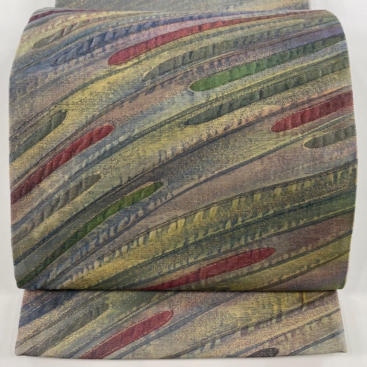 袋帯 秀品 落款 霞 幾何学模様 金糸 箔 青灰色 お太鼓柄 正絹